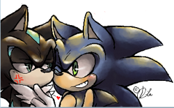Size: 340x211 | Tagged: safe, artist:rilakkuma-kun, mephiles the dark, sonic the hedgehog, hedgehog, 2012, cross popping vein, duo, duo male, gay, heart, lidded eyes, looking at each other, male, males only, mephiles is not amused, mephonic, one eye closed, shipping, signature, simple background, smile, unamused, white background