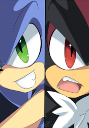 Size: 500x714 | Tagged: safe, artist:f-sonic, shadow the hedgehog, sonic the hedgehog, hedgehog, 2015, clenched teeth, duo, duo male, looking offscreen, male, males only, mouth open, one fang, smile, style emulation