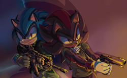 Size: 3000x1846 | Tagged: safe, artist:f-sonic, shadow the hedgehog, oc, oc:sonicfoxhound, hedgehog, 2018, clothes, duo, duo male, frown, gun, holding something, looking at viewer, looking offscreen, male, males only, not sonic, rifle, shirt, standing