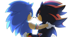 Size: 1000x500 | Tagged: safe, artist:f-sonic, shadow the hedgehog, sonic the hedgehog, hedgehog, 2015, arm around shoulders, armband, duo, duo male, from behind, frown, gay, holding something, lidded eyes, male, males only, shadow x sonic, shipping, simple background, smile, white background