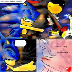 Size: 500x500 | Tagged: suggestive, artist:f-sonic, shadow the hedgehog, sonic the hedgehog, hedgehog, ..., 2007, dialogue, duo male, english text, frown, gay, heart, holding them, lidded eyes, male, males only, motorcycle, shadow x sonic, shadowed face, shipping, sitting, speech bubble, text