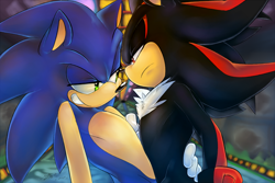 Size: 1000x666 | Tagged: safe, artist:f-sonic, shadow the hedgehog, sonic the hedgehog, hedgehog, sonic adventure 2, 2015, abstract background, duo, duo male, frown, gay, holding each other, lidded eyes, looking at each other, male, males only, shadow x sonic, shipping, smile, smiling at them, smirk, space colony ark, standing