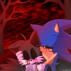 Size: 1024x1024 | Tagged: semi-grimdark, artist:ducred-blue, miles "tails" prower, sonic the hedgehog, oc, oc:sonic.exe, oc:tails.exe, fox, hedgehog, 2024, black sclera, bleeding, bleeding from eyes, blood, duo, exclamation mark, eyelashes, female, gender swap, holding them, male, question mark, signature, standing, tree