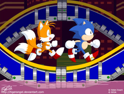 Size: 799x606 | Tagged: safe, artist:tigerangel, miles "tails" prower, sonic the hedgehog, fox, hedgehog, sonic the hedgehog 2, 2011, :/, abstract background, chemical plant, classic sonic, classic tails, clenched fists, duo, duo male, male, males only, pink water, running, side view, signature, smile, water