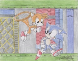 Size: 1635x1269 | Tagged: safe, artist:sonicsega1991, miles "tails" prower, sonic the hedgehog, fox, hedgehog, metropolis zone, sonic the hedgehog 2, 2009, classic sonic, classic tails, duo, duo male, flying, looking at each other, male, males only, mid-air, pencilwork, running, signature, smile, smiling at each other, smiling at them, spinning tails, traditional media