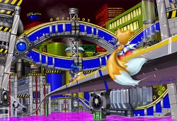 Size: 8399x5747 | Tagged: safe, artist:lkurdyl, miles "tails" prower, sonic the hedgehog, fox, hedgehog, sonic the hedgehog 2, 2025, abstract background, absurd res, chemical plant, cityscape, duo, duo male, floating platform, from behind, male, males only, pink water, pipe, rail grinding, railing, ring, steam, water