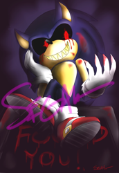Size: 520x756 | Tagged: safe, artist:segamew, sonic the hedgehog, oc, oc:sonic.exe, hedgehog, 2016, bleeding, bleeding from eyes, blood, blood stain, claws, clenched teeth, english text, gradient background, head rest, male, sharp teeth, signature, sitting, smile, solo, solo male, text