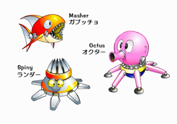 Size: 640x448 | Tagged: safe, artist:yasushi yamaguchi, sonic the hedgehog 2, agender, agender only, badnik, character name, english text, japanese text, masher, octus, official artwork, robot, simple background, spiny, trio, trio agender, white background