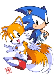 Size: 1414x2000 | Tagged: safe, artist:judy totoya, miles "tails" prower, sonic the hedgehog, fox, hedgehog, 2022, arms out, cute, duo, duo male, hand on hip, male, males only, mouth open, official artwork, open smile, signature, simple background, smile, smiling at viewer, standing, white background