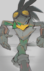 Size: 1488x2362 | Tagged: safe, artist:oiix0xiio, jet the hawk, bird, 2026, absurd res, clenched fist, grey background, looking at viewer, male, simple background, sitting, solo, solo male