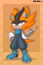 Size: 3216x4880 | Tagged: safe, artist:nonicpower, oc, oc:ember moon, tenrec, 2024, clothes, crop top, ear piercing, earring, eyelashes, female, fingerless gloves, gloves, lidded eyes, oc only, pants, pointing, shoes, smile, smiling at viewer, solo, solo female, standing