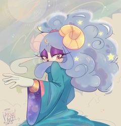 Size: 1918x2000 | Tagged: safe, artist:amyzuzucki, sheep, sonic dream team, 2023, ariem, blushing, eyelashes, female, looking back, signature, solo, solo female, star (symbol)