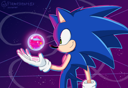 Size: 1624x1124 | Tagged: safe, artist:flameheart87, sonic the hedgehog, hedgehog, sonic dream team, 2024, abstract background, dream orb, holding something, looking at something, male, side view, smile, solo, solo male, standing