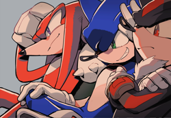 Size: 700x481 | Tagged: safe, artist:aoki6311, knuckles the echidna, shadow the hedgehog, sonic the hedgehog, echidna, hedgehog, 2015, arms folded, frown, grey background, looking offscreen, male, males only, simple background, smile, trio, trio male