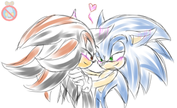 Size: 1578x966 | Tagged: safe, artist:shadowhatesomochao, shadow the hedgehog, sonic the hedgehog, hedgehog, 2013, blushing, duo, duo male, gay, heart, holding each other, lidded eyes, looking at each other, male, males only, shadow x sonic, shipping, simple background, sketch, smiling at each other, smirk, standing, white background