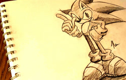 Size: 1280x814 | Tagged: safe, artist:shadowhatesomochao, sonic the hedgehog, hedgehog, 2017, greyscale, hand on hip, looking at viewer, male, monochrome, pencilwork, pointing, signature, smile, smiling at viewer, solo, solo male, speedpaint in description, standing, traditional media, youtube link in description