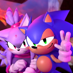 Size: 1920x1920 | Tagged: safe, artist:safe_mode2, blaze the cat, sonic the hedgehog, 2026, 3d, blushing, duo, looking at them, looking at viewer, shipping, smile, sonaze, straight