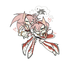 Size: 991x908 | Tagged: safe, artist:loveitt_02, amy rose, sonic the hedgehog, 2025, amy x sonic, duo, eyes closed, gay, gender swap, hands on own face, heart, implied sonic, self paradox, shipping, simple background, sitting, straight, thought bubble, white background