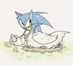 Size: 803x727 | Tagged: safe, artist:loveitt_02, sonic the hedgehog, bird, 2025, chicken, egg, fusion, holding something, literal animal, mouth open, solo, taur