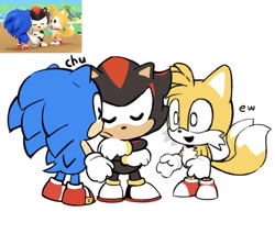 Size: 1672x1425 | Tagged: safe, artist:zblarush, miles "tails" prower, shadow the hedgehog, sonic the hedgehog, 2025, chibi, cute, gay, kiss, looking at them, reference inset, shadow x sonic, shipping, simple background, smile, sonic & friends, standing, trio, white background