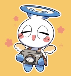 Size: 735x782 | Tagged: safe, artist:oudooooon427, chao, 2025, blushing, camera, eyes closed, hero chao, holding something, mouth open, orange background, simple background, smile, solo