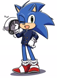 Size: 1506x2048 | Tagged: safe, artist:oudooooon427, sonic the hedgehog, the murder of sonic the hedgehog, 2025, hat, mouth open, simple background, smile, solo, standing, white background
