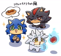 Size: 2048x1859 | Tagged: safe, artist:oudooooon427, shadow the hedgehog, silver the hedgehog, sonic the hedgehog, 2025, animalified, apple, blushing, chili dog, food, japanese text, literal animal, mouth open, one eye closed, pawpads, psychokinesis, simple background, smile, trio, white background