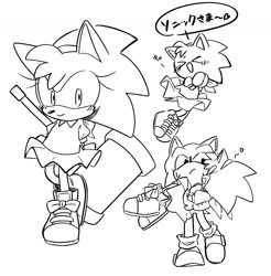 Size: 1322x1343 | Tagged: safe, artist:oudooooon427, amy rose, sonic the hedgehog, 2025, amy x sonic, blushing, carrying them, classic amy, classic sonic, duo, eyes closed, greyscale, holding something, japanese text, looking at them, monochrome, mouth open, piko piko hammer, shipping, simple background, sketch, smile, straight, white background