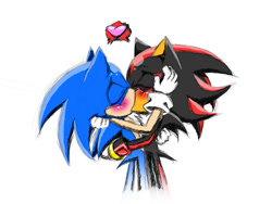 Size: 1000x750 | Tagged: safe, artist:hoshinousagi, shadow the hedgehog, sonic the hedgehog, 2011, blushing, duo, eyes closed, gay, heart, holding each other, hug, kiss, shadow x sonic, shipping, simple background, white background