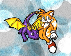 Size: 391x307 | Tagged: safe, artist:lord-kiyo, miles "tails" prower, fox, 2009, abstract background, crossover, dragon, duo, duo male, flying, looking at them, looking at viewer, male, males only, mid-air, smile, spyro (series), spyro the dragon