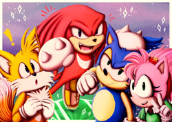 Size: 4961x3508 | Tagged: safe, artist:auragoddess, amy rose, knuckles the echidna, miles "tails" prower, sonic the hedgehog, sonic origins, 2022, :o, classic amy, classic knuckles, classic sonic, classic tails, exclamation mark, fangs, female, group, hand on another's head, lineless, male, mouth open, open smile, redraw, smile, smiling at viewer, sparkles, standing, team sonic, v sign
