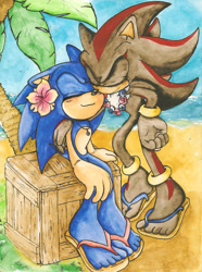 Size: 1161x1560 | Tagged: safe, artist:silvykinesis, shadow the hedgehog, sonic the hedgehog, 2014, abstract background, arm around shoulders, barefoot, beach, bending over, cute, daytime, duo, eyes closed, flower, flower chain, flower in ear, gay, gloves off, hibiscus, humanoid feet, necklace, ocean, outdoors, palm tree, sand, sandals, shadow x sonic, shipping, sitting, smile, sonabetes, standing, traditional media, tree, water