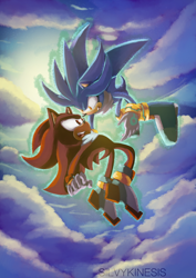 Size: 1230x1740 | Tagged: safe, artist:silvykinesis, shadow the hedgehog, silver the hedgehog, 2021, abstract background, clouds, daytime, duo, flying, gay, holding them, looking at each other, male, mid-air, mouth open, outdoors, psychokinesis, shadow x silver, shipping