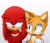 Size: 935x806 | Tagged: safe, artist:ferliane, knuckles the echidna, miles "tails" prower, sonic the hedgehog 2 (2022), 2022, clenched fist, clenched teeth, duo, duo male, frown, gradient background, knuckles is not amused, lidded eyes, looking at them, looking offscreen, male, mouth open, open smile, poking, smile, standing, unamused