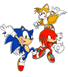 Size: 1519x1715 | Tagged: safe, artist:iamthebeast87, knuckles the echidna, miles "tails" prower, sonic the hedgehog, sonic heroes, 2022, male, mid-air, posing, redraw, simple background, smile, style emulation, team sonic, trio, uekawa style, white background