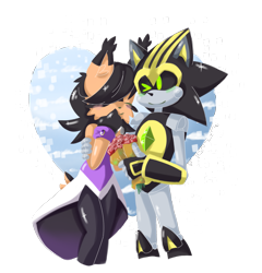 Size: 2395x2497 | Tagged: safe, artist:sleeplessromance, nicole the hololynx, shard the metal, lynx, 2017, carrying them, duo, female, flower, heart background, hololynx, male, robot, rose, shardicole, shipping, straight