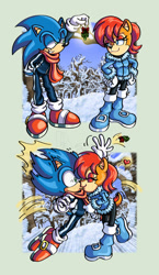 Size: 900x1555 | Tagged: safe, artist:bellseashell, sally acorn, sonic the hedgehog, chipmunk, hedgehog, 2015, christmas, clothes, duo, female, forest, fully clothed, heart, holding something, kiss, male, pulling, sally x sonic, scarf, shipping, snow, straight, watermark, winter, winter outfit