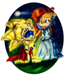 Size: 1261x1426 | Tagged: safe, artist:lilredgummie, sally acorn, sonic the hedgehog, chipmunk, hedgehog, sonic and the black knight, 2013, alternate outfit, clothes, duo, excalibur sonic, female, grass, kiss, kiss on hand, knight armor, male, nighttime, princess sally, sally x sonic, shipping, straight