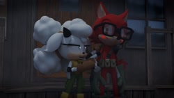 Size: 1920x1080 | Tagged: safe, artist:weegie_man, gadget the wolf, lanolin the sheep, sheep, wolf, 2025, 3d, blender, blushing, duo, female, gadget x lanolin, glasses, hand on another's shoulder, male, pointing, shipping, straight