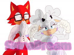 Size: 1410x1043 | Tagged: safe, artist:sirinadream, gadget the wolf, lanolin the sheep, sheep, wolf, 2025, blushing, clothes, duo, flexing, gadget x lanolin, looking at them, looking at viewer, redraw, shipping, straight, suit, watch, watermark, wedding dress, wedding suit, white background