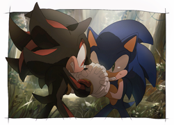 Size: 963x693 | Tagged: safe, artist:aoki6311, artist:fumomo, shadow the hedgehog, sonic the hedgehog, 2018, abstract background, clenched teeth, duo, fight, grass, holding hands, looking at each other, outdoors, redraw, standing, sweatdrop, tree