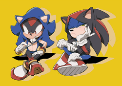Size: 700x494 | Tagged: safe, artist:aoki6311, artist:fumomo, shadow the hedgehog, sonic the hedgehog, 2014, clenched teeth, duo, frown, head rest, kigurumi, legs crossed, lidded eyes, shadow (lighting), simple background, sitting, sonic is not amused, unamused, yellow background