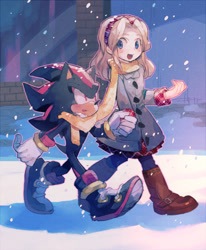 Size: 660x800 | Tagged: safe, artist:aoki6311, artist:fumomo, maria robotnik, shadow the hedgehog, hedgehog, human, 2013, abstract background, boots, coat, duo, holding hands, mouth open, open smile, outdoors, scarf, sharing a scarf, smile, snow, snowing, walking, winter, winter outfit