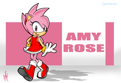 Size: 1024x702 | Tagged: safe, artist:swiftglimmer, amy rose, 2021, alternate eye color, alternate hairstyle, brown eyes, character name, english text, hand on hip, looking at viewer, redesign, signature, smile, solo, standing, style emulation, text, uekawa style, walking
