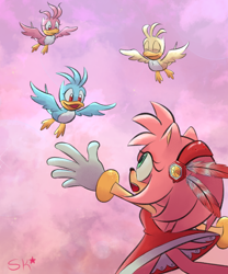 Size: 1000x1200 | Tagged: safe, artist:starlightkitty70, amy rose, flicky, sonic adventure, 2022, brian, daisy, flying, group, lily, looking up, signature, standing, warrior feather