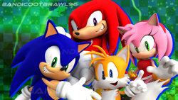 Size: 2499x1406 | Tagged: safe, artist:bandicootbrawl96, amy rose, knuckles the echidna, miles "tails" prower, sonic the hedgehog, 2025, 3d, abstract background, group, looking at viewer, pointing, smile, team sonic