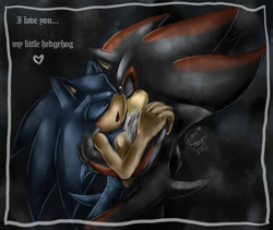 Size: 892x752 | Tagged: safe, artist:leons-7, shadow the hedgehog, sonic the hedgehog, 2012, dialogue, duo, english text, eyes closed, gay, gloves off, holding each other, mouth open, shadow x sonic, shipping, standing, talking, text