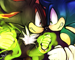 Size: 1280x1024 | Tagged: safe, artist:leons-7, shadow the hedgehog, sonic the hedgehog, 2015, clenched fists, clenched teeth, duo, fight, glowing, looking at each other, signature, standing