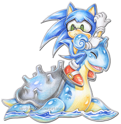 Size: 1799x1840 | Tagged: safe, artist:ayleen seraph, sonic the hedgehog, 2015, absurd res, ambiguous gender, aquaphobia, carrying them, crossover, duo, eyes closed, frown, lapras, looking down, male, outline, pokemon, simple background, smile, transparent background, water