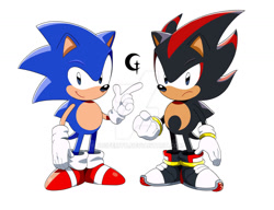 Size: 1280x985 | Tagged: safe, artist:bb3femto, shadow the hedgehog, sonic the hedgehog, 2024, classic shadow, classic sonic, clenched fists, deviantart watermark, duo, duo male, frown, looking at viewer, male, males only, obtrusive watermark, pointing, simple background, smile, standing, style emulation, tyson hesse style, watermark, white background